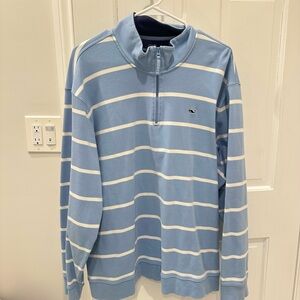 Vineyard Vines Men's Light Blue and White Zip-Up Sweater